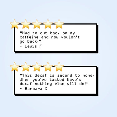 Two quote-style product graphics on a ice blue background, each with five gold stars and a black-outlined white box containing a customer review text. No physical product is shown.