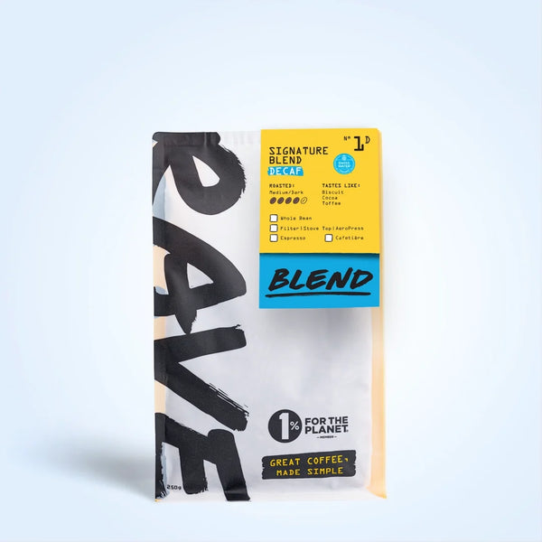 250g Coffee bag labeled 'Signature Blend Decaf' with Rave branding and text on a Ice blue background