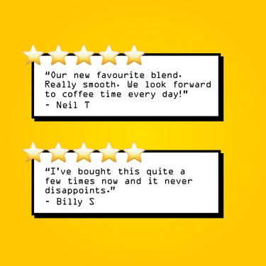 Two white quote cards with black borders on a bright yellow background, each topped with five gold stars. The top card reads, 