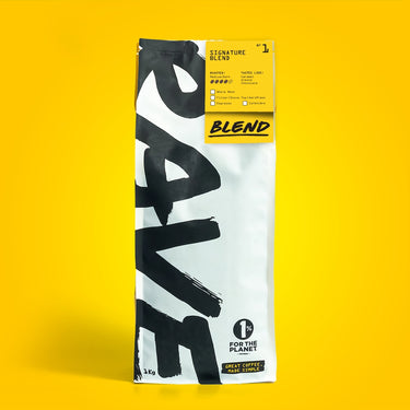 Rave coffee package on a yellow background