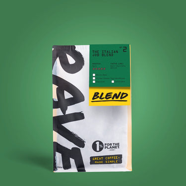 250g Green Coffee bag labeled 'The Italian Job Blend' with Rave branding and text on a Green background
