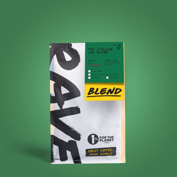 250g Green Coffee bag labeled 'The Italian Job Blend' with Rave branding and text on a Green background
