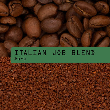 Coffee photograph showing whole roasted coffee beans at the top, roasted coffee grounds at the bottom, and a Green label across the center reading “Italian Job Blend” and “Dark.”.