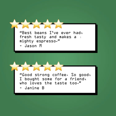 two stacked, Five star reviews. On green background
top: 