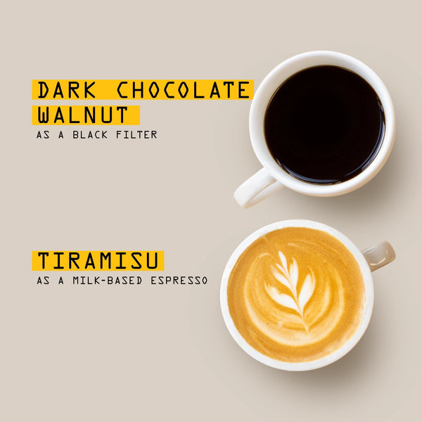Two white cups of coffee on a beige background with bold yellow text labels. The top cup contains black coffee and is labeled 'DARK CHOCOLATE, WALNUT' as a black filter coffee. And the bottom coffee labeled 'TIRAMISU'. As a Milk-based espresso