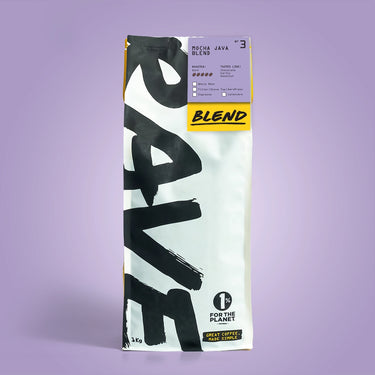 1kg Coffee bag labeled 'Mocha java Blend' with Rave branding and text on a lavender background