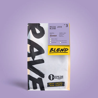 250g Coffee bag labeled 'Mocha java Blend' with Rave branding and text on a lavender background