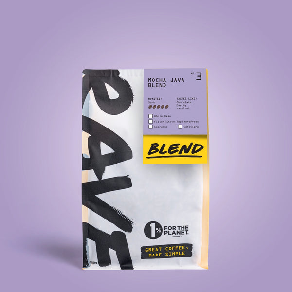 250g Coffee bag labeled 'Mocha java Blend' with Rave branding and text on a lavender background