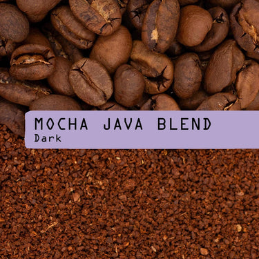 Coffee photograph showing whole roasted coffee beans at the top, roasted coffee grounds at the bottom, and a lavender label across the center reading “Mocha java Blend. Dark”.
