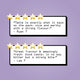 Two quote cards on a lavender background, each with a row of five gold stars and a black-outlined white box containing a customer review text and a name.