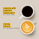 Two white cups of coffee on a beige background: a black coffee cup labeled 'CHOCOLATE, EARTHY, HAZELNUT. AS A BLACK FILTER' and a milk-based espresso cup labeled 'COCOA, SPICE. AS A MILK-BASED ESPRESSO'.
