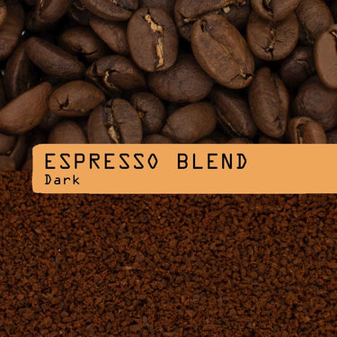 Dark espresso blend coffee shown with whole roasted coffee beans at the top,  ground coffee below, and an peach label across the center reading 'ESPRESSO BLEND, Dark'.