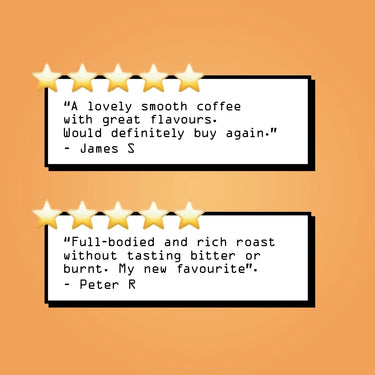 Two white rectangular review cards with black borders on an peach background, each topped with five gold stars and containing customer quotes with names underneath.