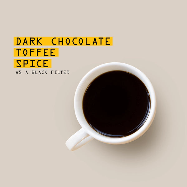 A white ceramic mug filled with black coffee on a light beige background, with yellow text reading 'DARK CHOCOLATE, TOFFEE, SPICE' and smaller text 'AS A BLACK FILTER'.