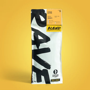 1kg Coffee bag labeled 'Fudge Blend' with Rave branding and text on a Yellow background