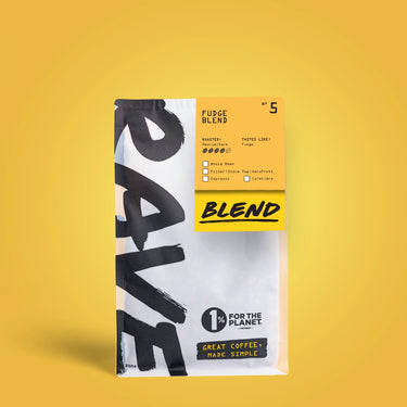 250g Coffee bag labeled 'Fudge Blend' with Rave branding and text on a Yellow background