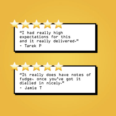 Two quote cards on a yellow background, each with a row of gold stars and a black-outlined white box containing a customer review text and a name.