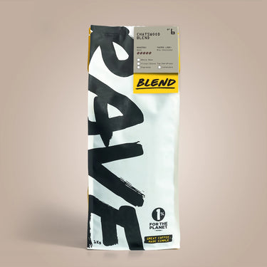 1kg Coffee bag labeled 'Chatswood Blend' with Rave branding and text on a warm khaki tone background