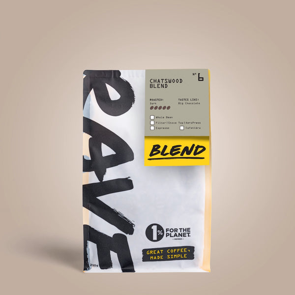 250g Coffee bag labeled 'Chatswood Blend' with Rave branding and text on a warm khaki tone background