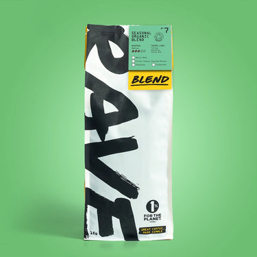 1kg Coffee bag labeled 'Seasonal Organic Blend' with Rave branding and text on a light green background