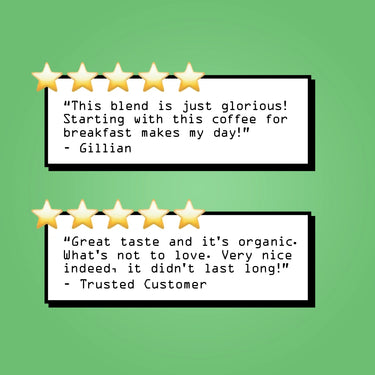 Two white rectangular review cards with black borders on a light green background, each topped with five gold stars. The cards contain customer quotes about coffee in black text, with one quote attributed to Gillian and the other to a Trusted Customer.
