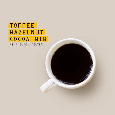 A top-down view of a white ceramic mug filled with black coffee on a warm beige background, with yellow text blocks reading 'TOFFEE HAZELNUT COCOA NIB' and smaller text 'AS A BLACK FILTER'.