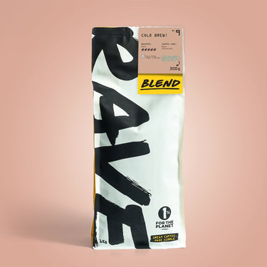 1kg Coffee bag labeled 'Cold Brew' with Rave branding and text on a muted peach background