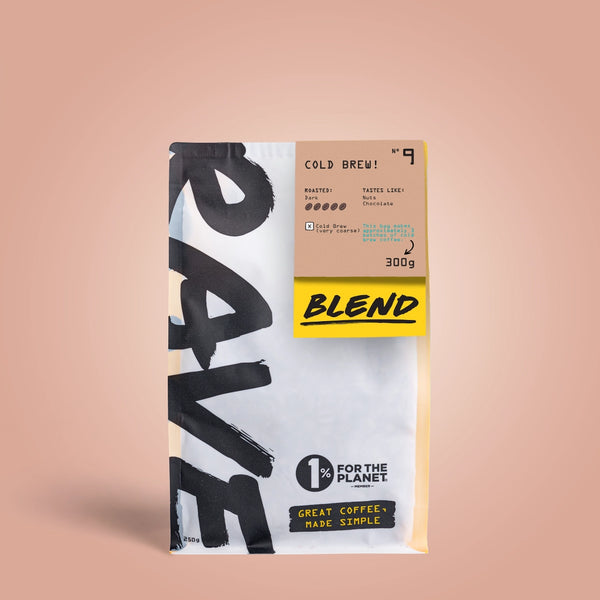 250g Coffee bag labeled 'Cold Brew' with Rave branding and text on a muted peach background
