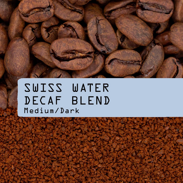 Coffee blend product photo showing whole roasted coffee beans at the top, a light blue label reading 'SWISS WATER DECAF BLEND Medium/Dark' in the center, and fine coffee granules at the bottom.