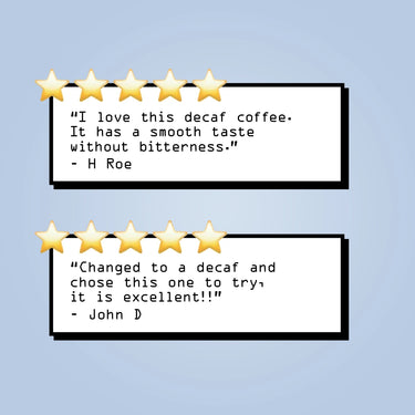 Two white review cards with black borders and five gold star ratings, each containing a customer quote on a light blue background.