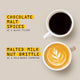 Two white coffee cups on a beige background: one filled with black coffee and the other with latte art coffee. Text on the left reads 'CHOCOLATE, MALT, SPICES. AS A BLACK FILTER' and 'MALTED MILK, NUT BRITTLE. AS A MILK-BASED ESPRESSO'.