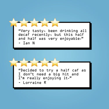 Two quote cards on a pastel blue background, each with a row of five gold stars and a black-outlined white box containing a customer review text and a name.
