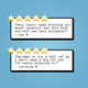 Two quote cards on a pastel blue background, each with a row of five gold stars and a black-outlined white box containing a customer review text and a name.