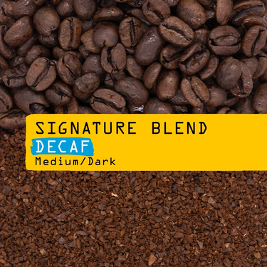 A coffee blend product photograph showing whole roasted coffee beans at the top, a bright yellow banner across the center reading 'SIGNATURE BLEND' and 'DECAF Medium/Dark', and ground coffee at the bottom.