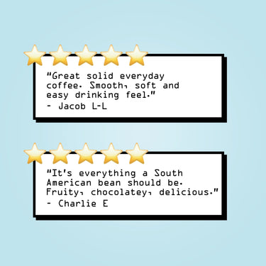 Two white quote cards with black borders on a light blue background, each topped with five gold stars. The top card reads, 