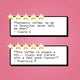 Two white review cards with black borders and gold five star rating, each containing a coffee customer quote on a pinkish-red background.