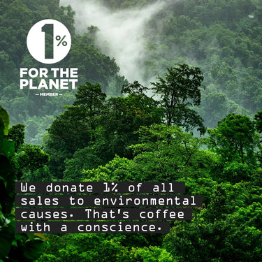 A lush green rainforest with mist among the trees. Text reads: “1% FOR THE PLANET MEMBER. RAVE COFFEE donates 1% of all Papua New Guinea Lamari Green Coffee Beans sales to environmental causes—coffee with a conscience.”.