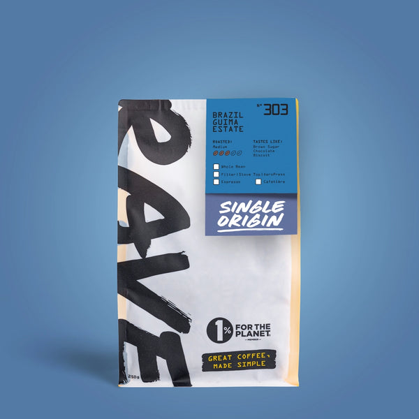 250g Coffee bag labeled 'Brazil Guima Estate' with Rave branding and text on a blue background