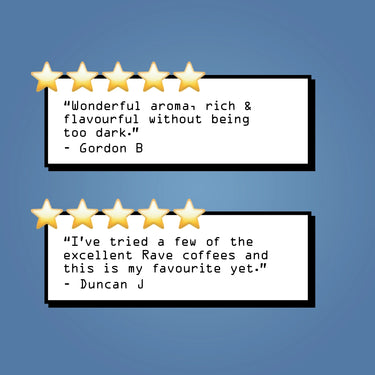 Two white quote boxes with black borders on a blue gradient background, each topped with five gold stars. The top box reads, 