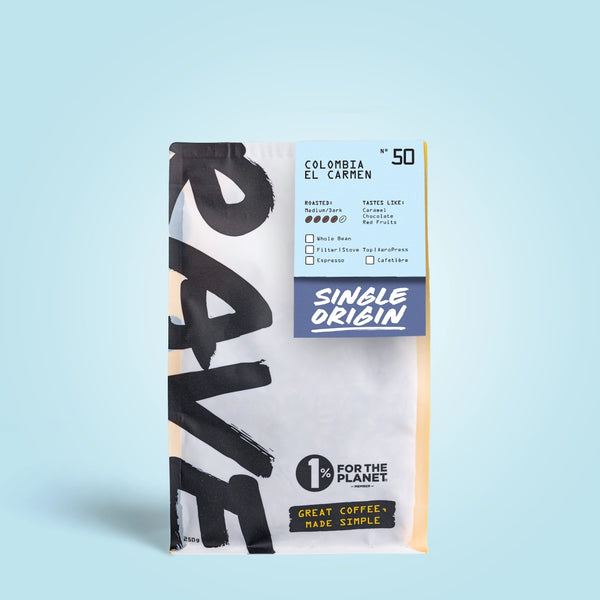 250g Coffee bag labeled 'Colombia El Carmen' with Rave branding and text on a light blue background