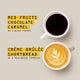 Two white cups of coffee on a beige background with yellow text labels. The top cup contains black coffee and reads 'RED FRUITS CHOCOLATE CARAMEL AS A BLACK FILTER'. The bottom cup contains a Milk-based espresso and its tasting notes are 'CREME BRULEE, SHORTBREAD'.
