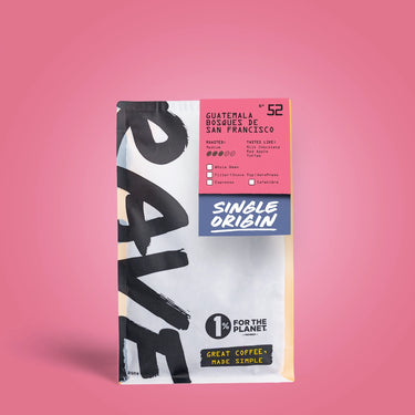 250g Coffee bag labeled 'Guatemala Bosques De San Francisco' with Rave branding and text on a pinkish-red background
