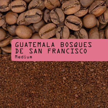 photo of whole roasted Coffee bean and ground coffee with a pink label reading 'GUATEMALA BOSQUES DE SAN FRANCISCO Medium'.