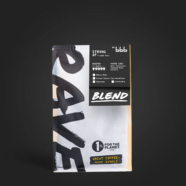 250g Black Coffee bag labeled 'Strong AF' with Rave branding and text on a dark background