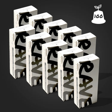 Ten white boxes labeled “Strong AF Blend Coffee Pods” are arranged in a staggered pattern on a dark background, featuring a plant sprout icon and “100” in the top right corner, hinting at Nespresso-compatible espresso pods.