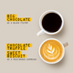 Two white cups of coffee on a beige background: a filter black coffe cup labeled 'BIG CHOCOLATE AS A BLACK FILTER' and a latte cup labeled 'CHOCOLATE TRUFFLE SWEET BISCUIT AS A MILK-BASED ESPRESSO'.
