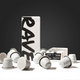 A white box labeled RAVE, featuring Strong AF Blend Coffee Pods, sits against a dark gray background with several gray and white Nespresso compatible pods scattered in front. The box’s side reads STRONG AF - 666 along with flavor notes below.