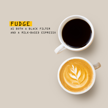 Two white cups of coffee on a beige background, one black filter, he other milk based espresso. Both with fudge tasting notes 