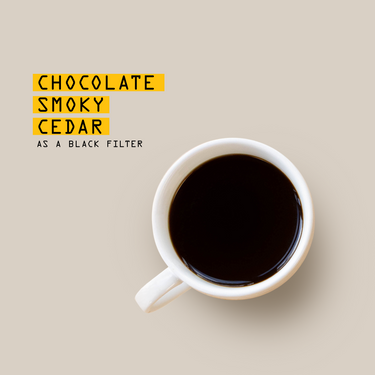 A top-down view of a white ceramic coffee mug filled with black coffee on a light beige background, with text on the left reading 'CHOCOLATE SMOKY CEDAR AS A BLACK FILTER'.