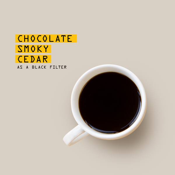 A top-down view of a white ceramic coffee mug filled with black coffee on a light beige background, with text on the left reading 'CHOCOLATE SMOKY CEDAR AS A BLACK FILTER'.